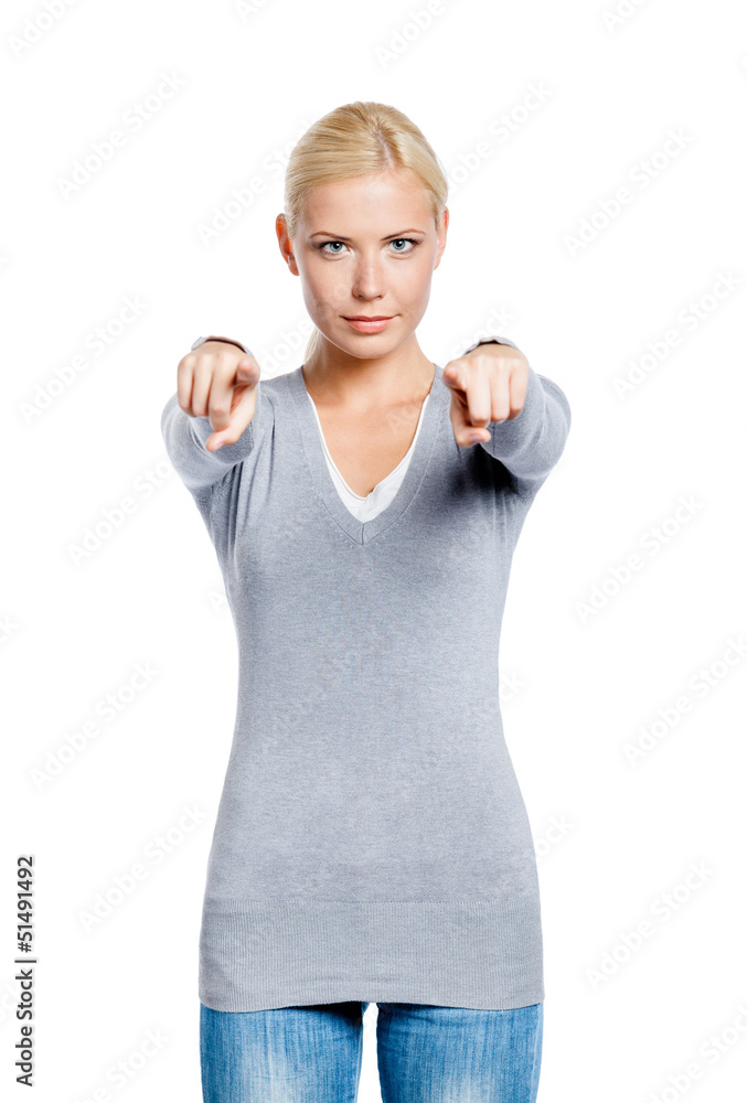 Woman pointing at someone with forefingers Woman pointing at someone with forefingers