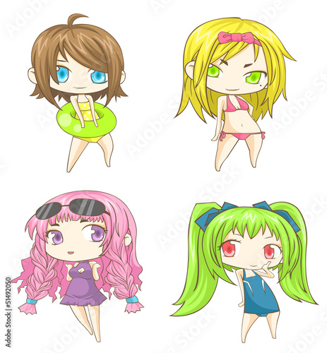 SD cartoon girls in swimsuit set