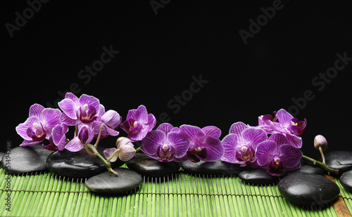 pink orchid with black stones on green mat