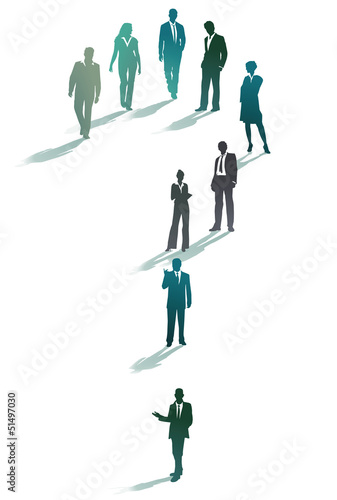 Gruppe von Geschäftsleuten bilden ein Fragezeichen