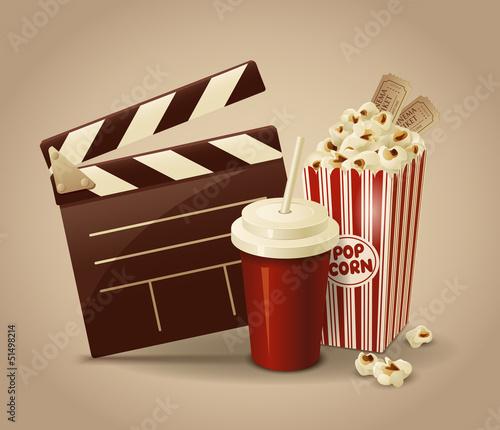Cinematography. Movie clapperboard, popcorn and cola