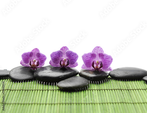 Set of pink orchid with black stones on green mat