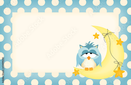 Baby boy label with owl dozing on the moon
