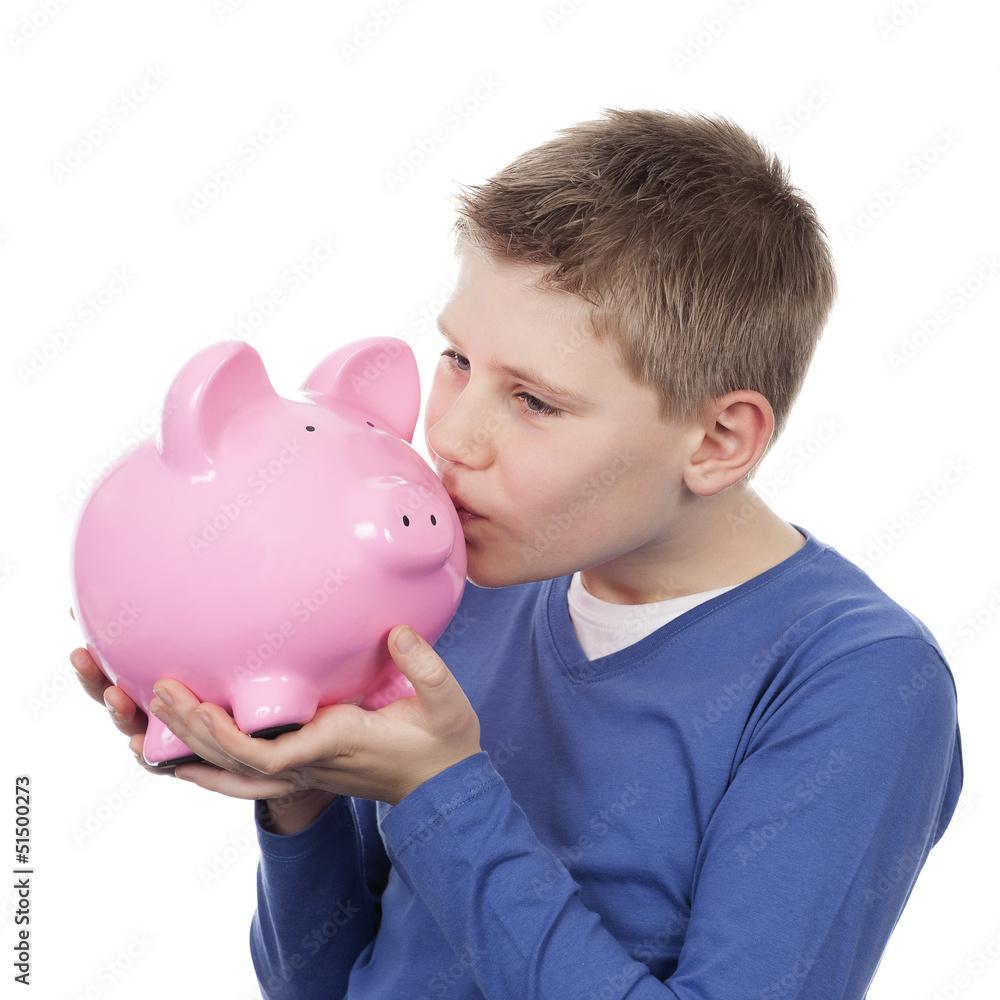 cute boy kissing pink piggybank cute boy kissing pink piggybank
