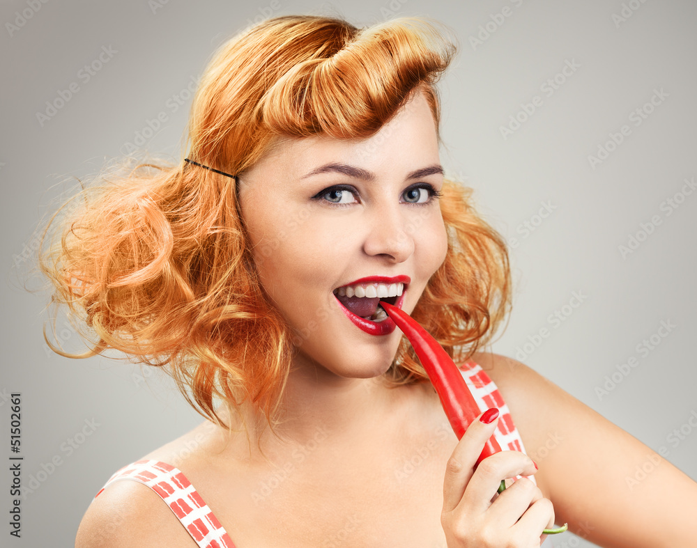 Beautiful Girl With Red Chilli Pepper In Pinup Style Beautiful Girl With Red Chilli Pepper In Pinup Style