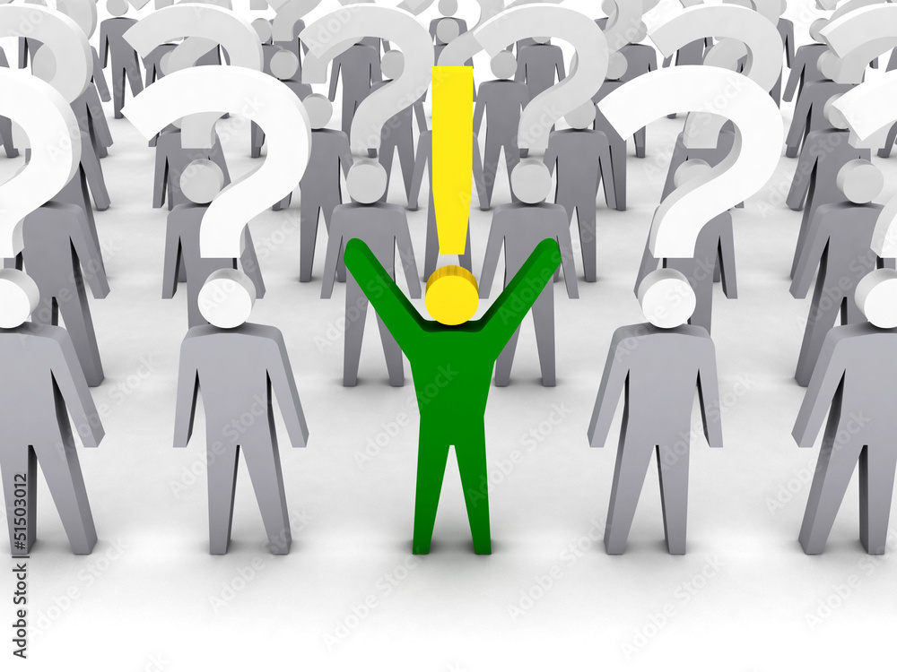 One man with exclamation mark and a lot with question marks.