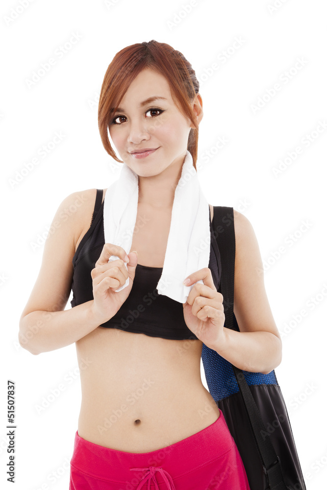 young woman ready for workout stand with yoga mat young woman ready for workout stand with yoga mat