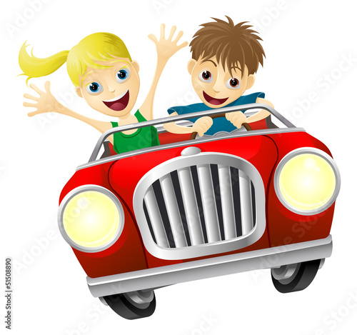 Cartoon man and woman in car