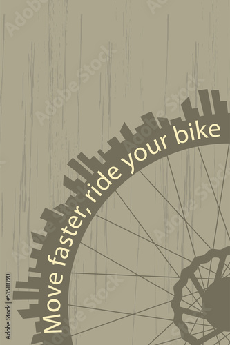 Vintage style poster with a bike wheel and city silhouette