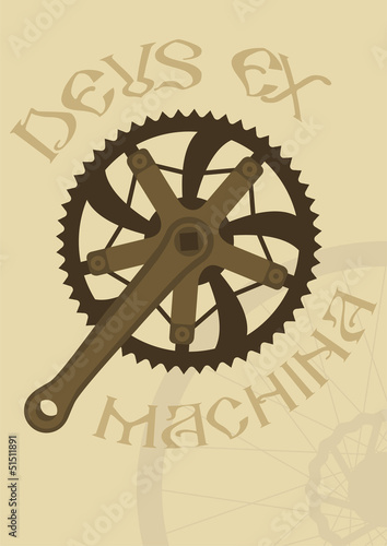 Vintage style poster with a bike chainring and crankarm