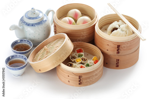 Принти на полотні yumcha, dim sum in bamboo steamer, chinese cuisine
