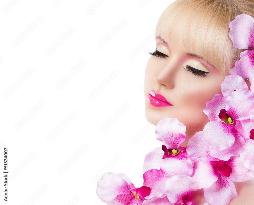 Beautiful girl with flowers and perfect makeup on white backgrou Beautiful girl with flowers and perfect makeup on white backgrou
