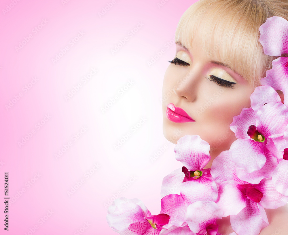 Pretty girl with flowers and perfect makeup Pretty girl with flowers and perfect makeup