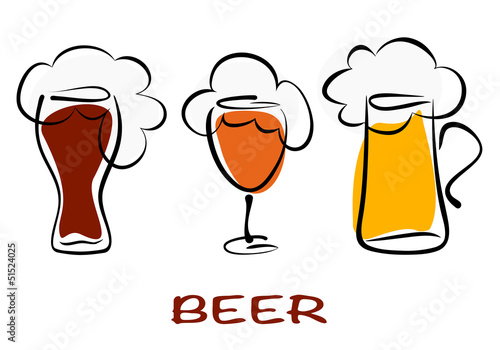 Beer collection. Three mugs of beer pint on white. Vector eps10