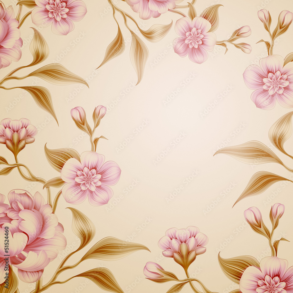 vintage peony flowers and leaves background frame Stock Illustration ...
