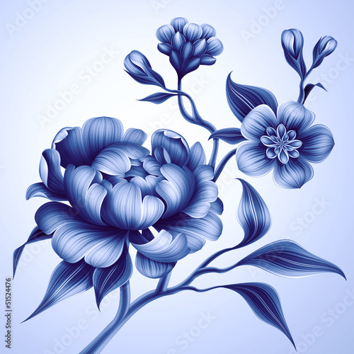 blue branch with peony rose and sakura flowers