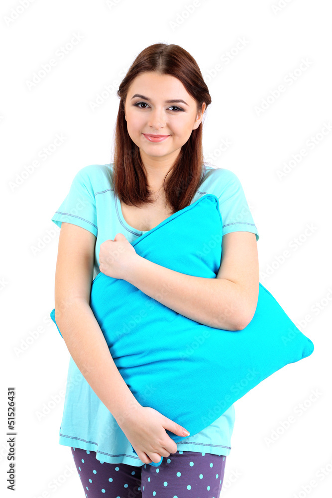 Fototapeta premium Beautiful young girl with pillow isolated on white.