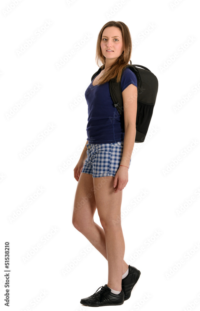 a beautiful woman tourist with luggage isolated on white backgro a beautiful woman tourist with luggage isolated on white backgro