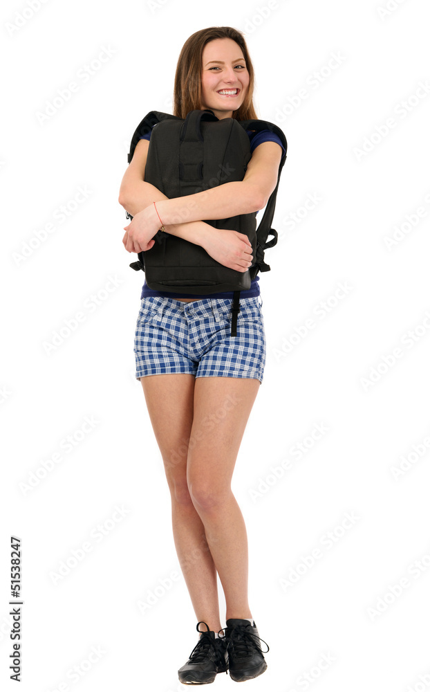 a beautiful woman tourist with luggage isolated on white backgro a beautiful woman tourist with luggage isolated on white backgro