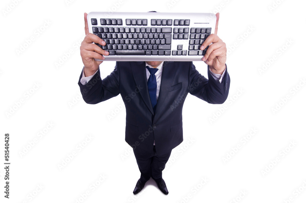 Nerd businessman with computer keyboard on white Nerd businessman with computer keyboard on white