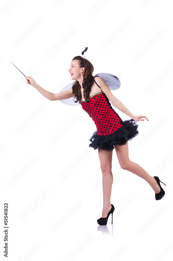 Woman in bee costume isolated on white Woman in bee costume isolated on white