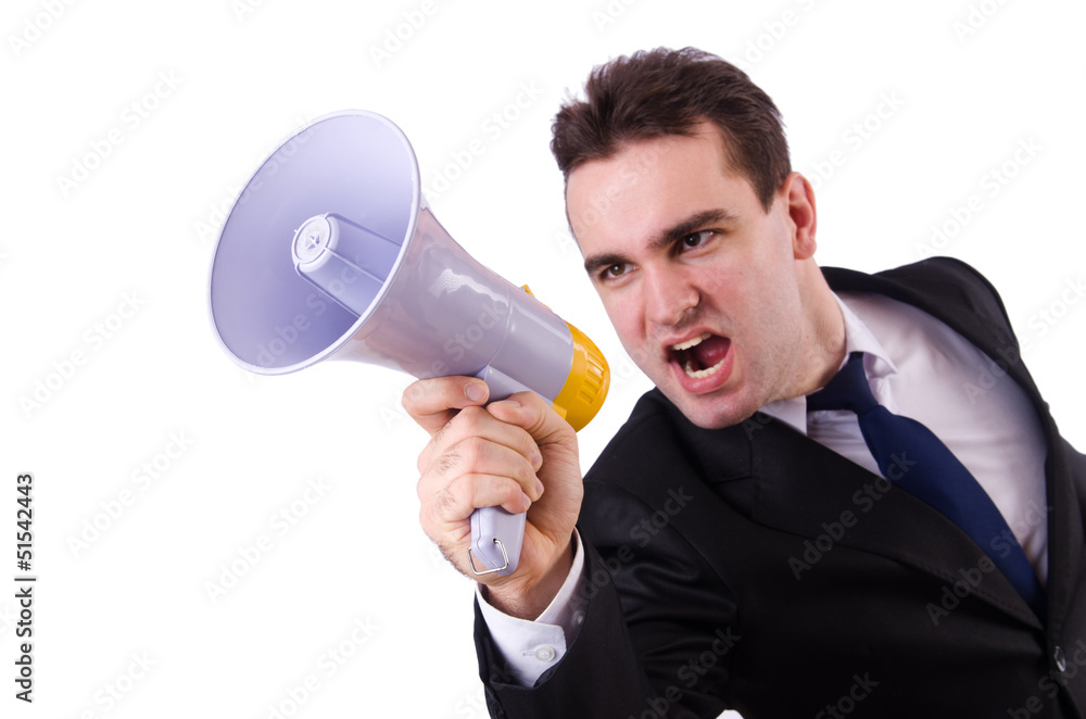 Young businessman with loudspeaker on white Young businessman with loudspeaker on white