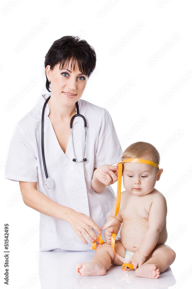 beautiful doctor and baby on a white background. Doctor measures beautiful doctor and baby on a white background. Doctor measures