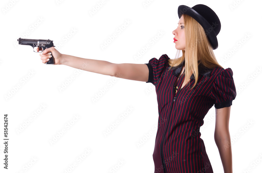 Woman gangster with handgun on white Woman gangster with handgun on white