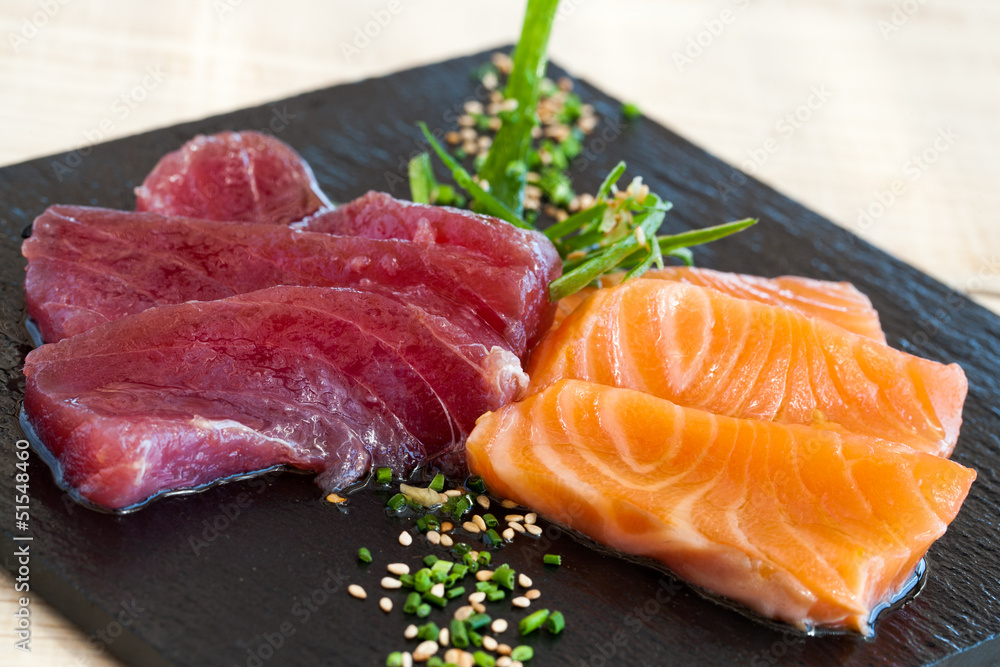 Salmon and tuna sashimi.