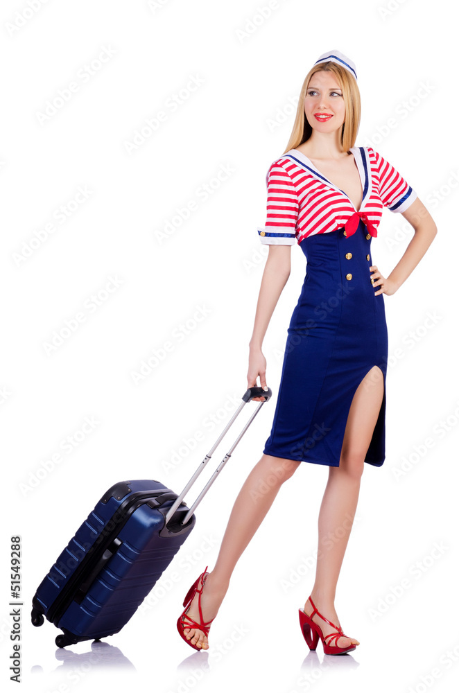 Woman travel attendant with suitcase on white Woman travel attendant with suitcase on white