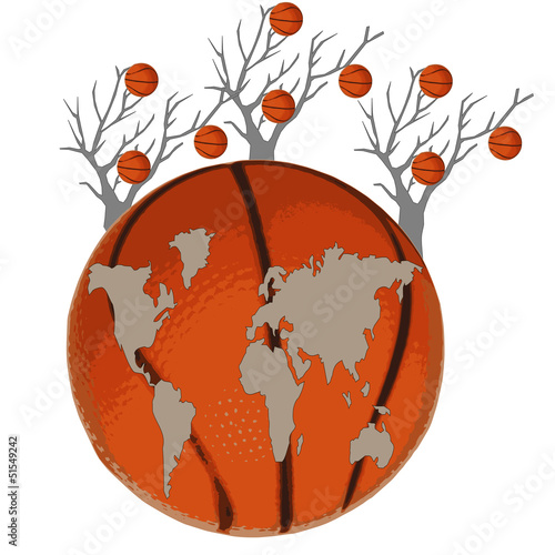 Карта мира есть на баскетбольном мяче и деревья на белом фоне