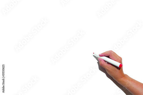 Hand holding red marker isolated on white