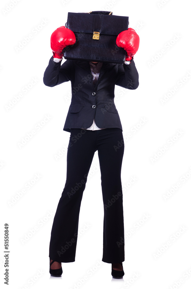 Woman businesswoman with boxing gloves on white Woman businesswoman with boxing gloves on white