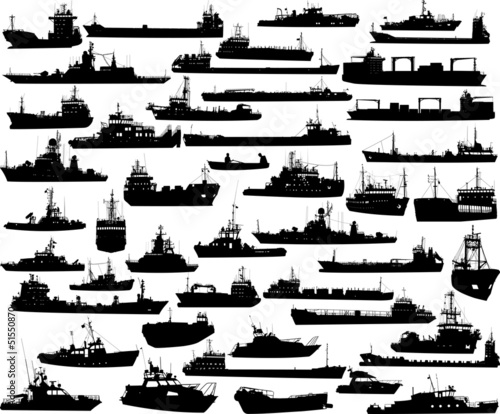 Fototapeta Naklejka Na Ścianę i Meble -  Set of 46 silhouettes of sea yachts, towboat and the ships