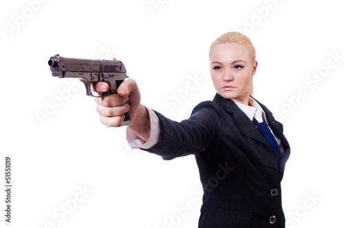 Woman with gun isolated on white