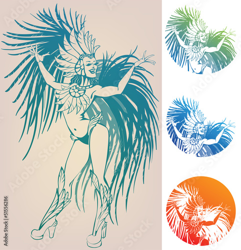 ink linework dancing girl in carnival feather costume