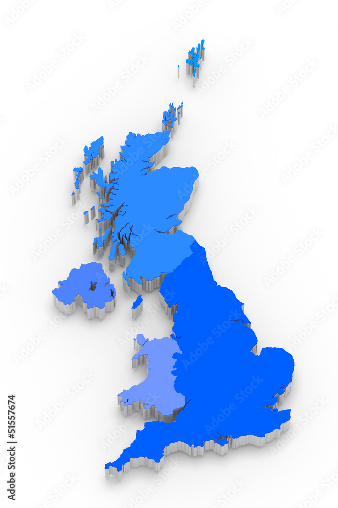3D blue map of Great Britain on white
