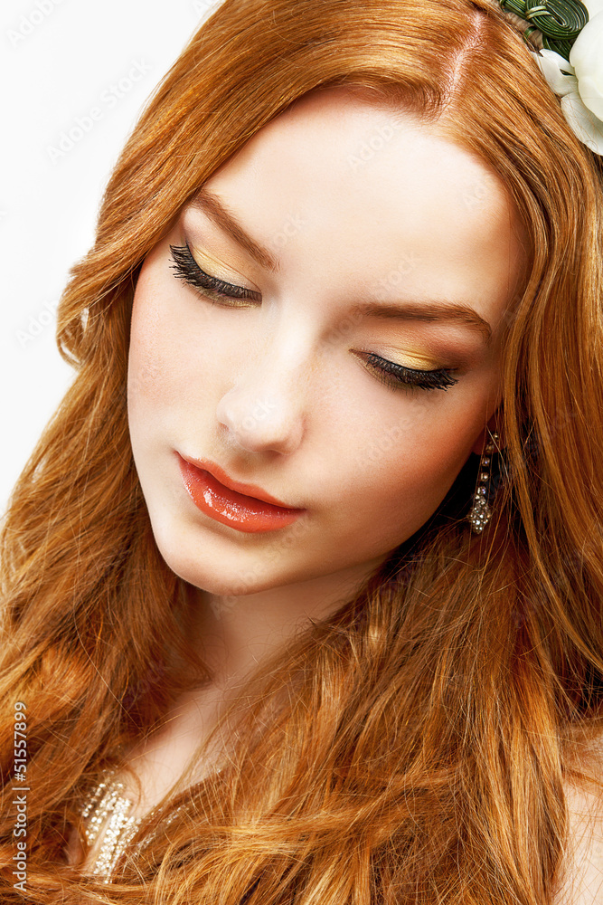 Naklejka premium Wellness. Serene Golden Hair Girl. Smooth Clean Healthy Skin