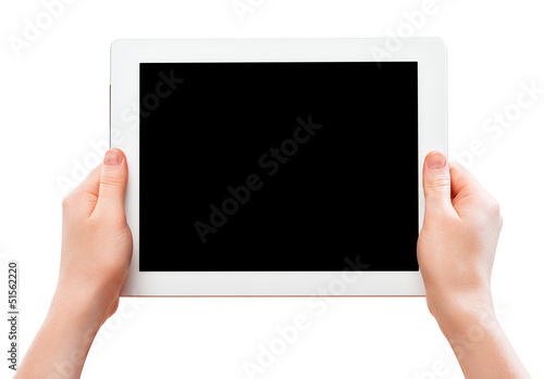 white tablet computer with a black blank screen in the human  ha