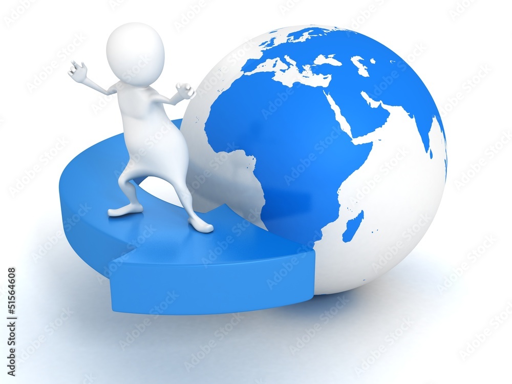 3d man surfing on blue arrow around Earth globe