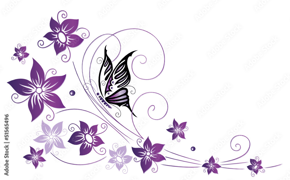 Ranke, flora, Blüten, Schmetterlinge, lila, violett - obrazy, fototapety, plakaty 
