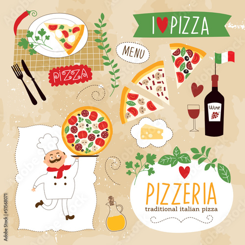 set of pizzeria illustration