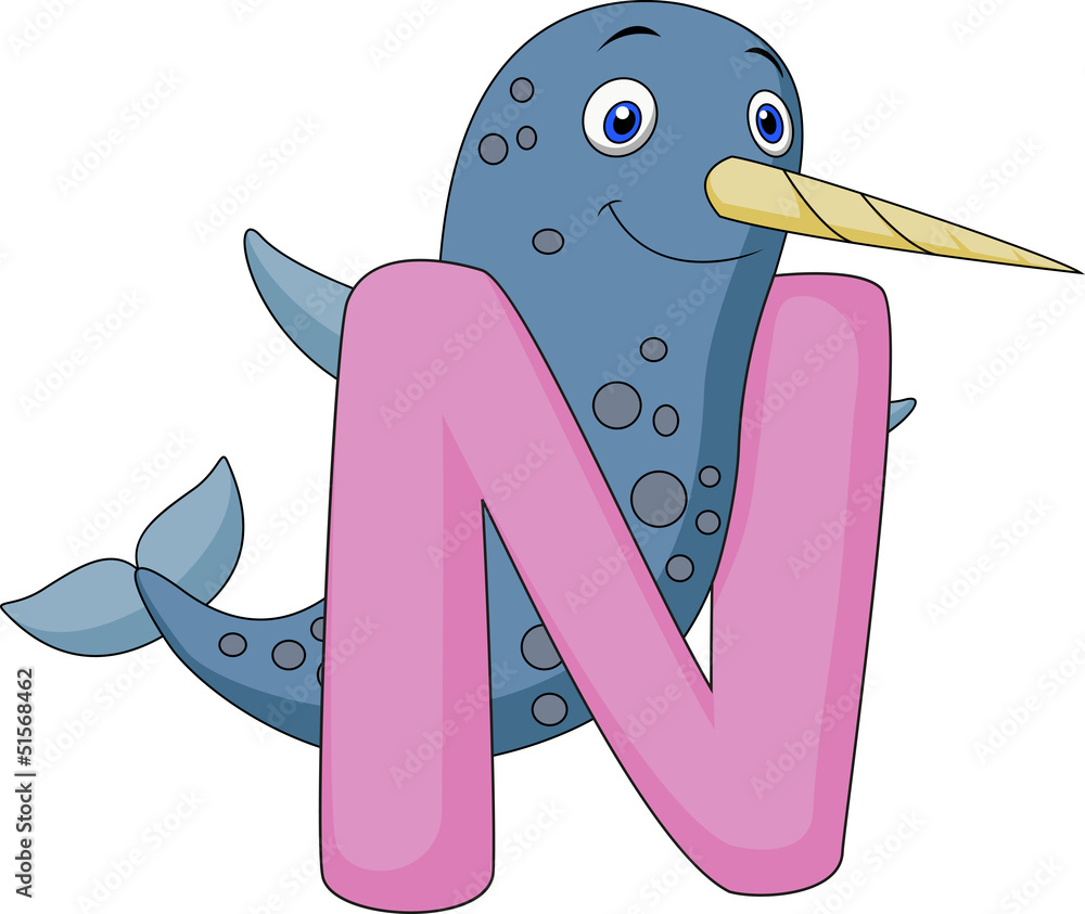 Fototapeta premium Alphabet N with Narwhal cartoon