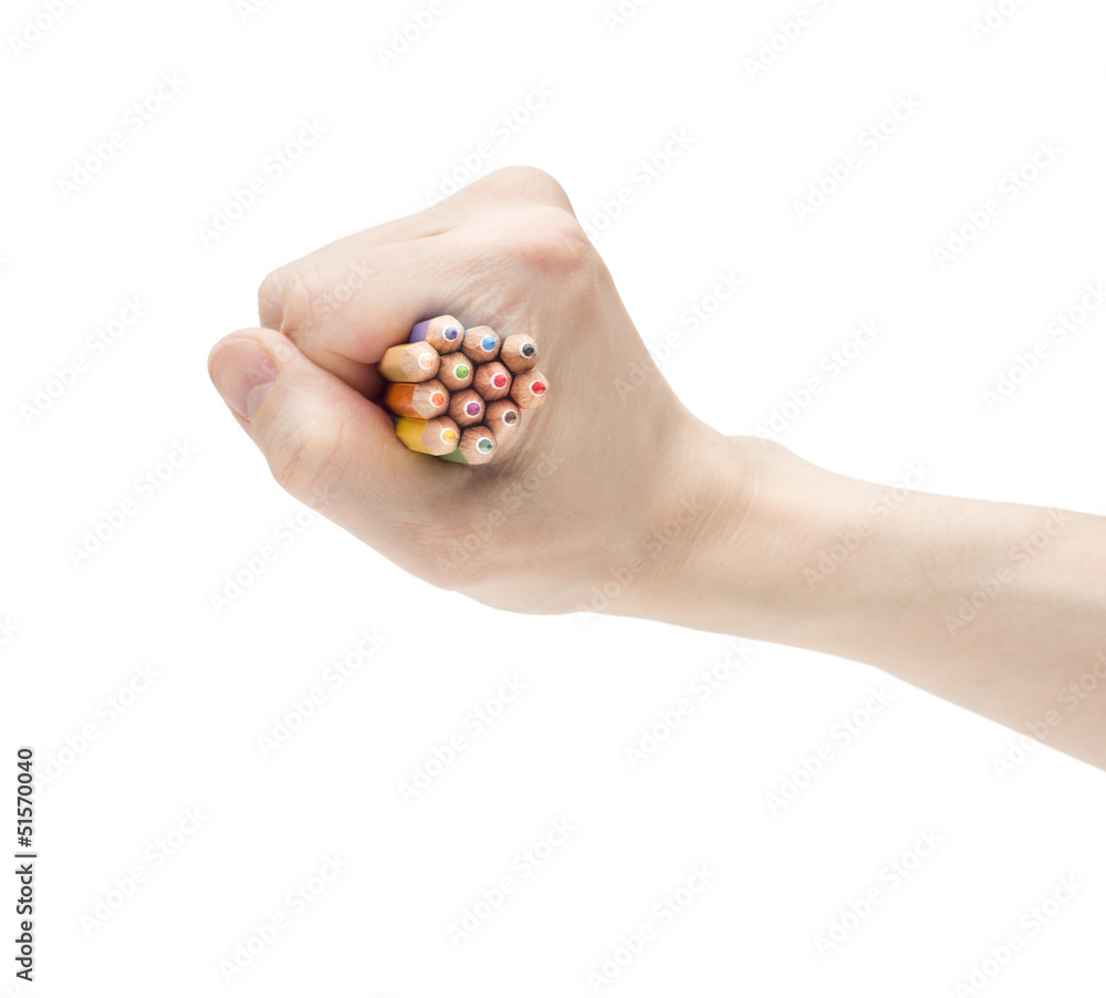 Hand holding bunch of colorful pencils Hand holding bunch of colorful pencils