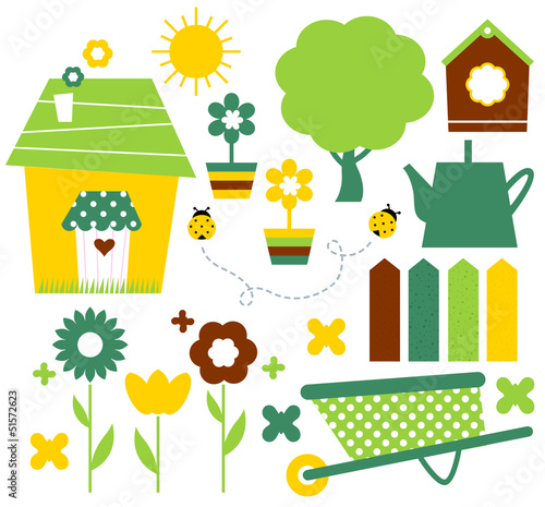 Spring village and garden set isolated on white