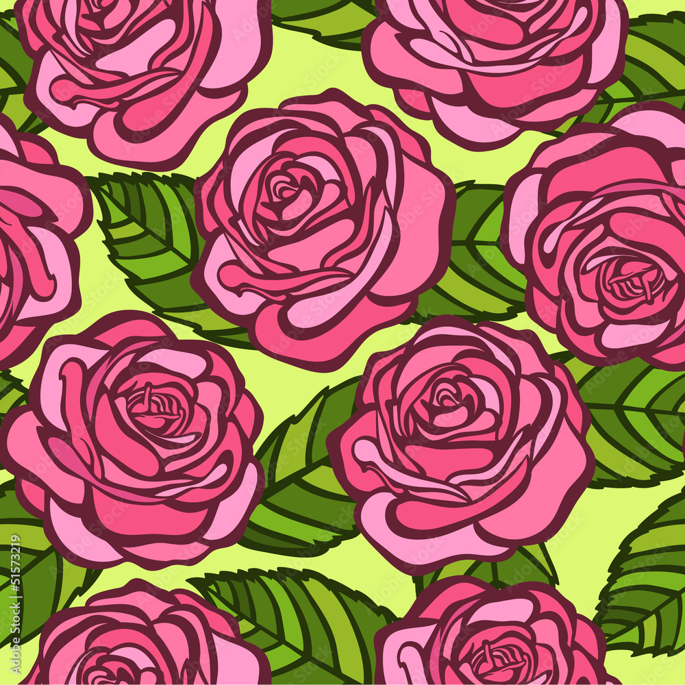Fototapeta seamless background. Pink roses with green leaves