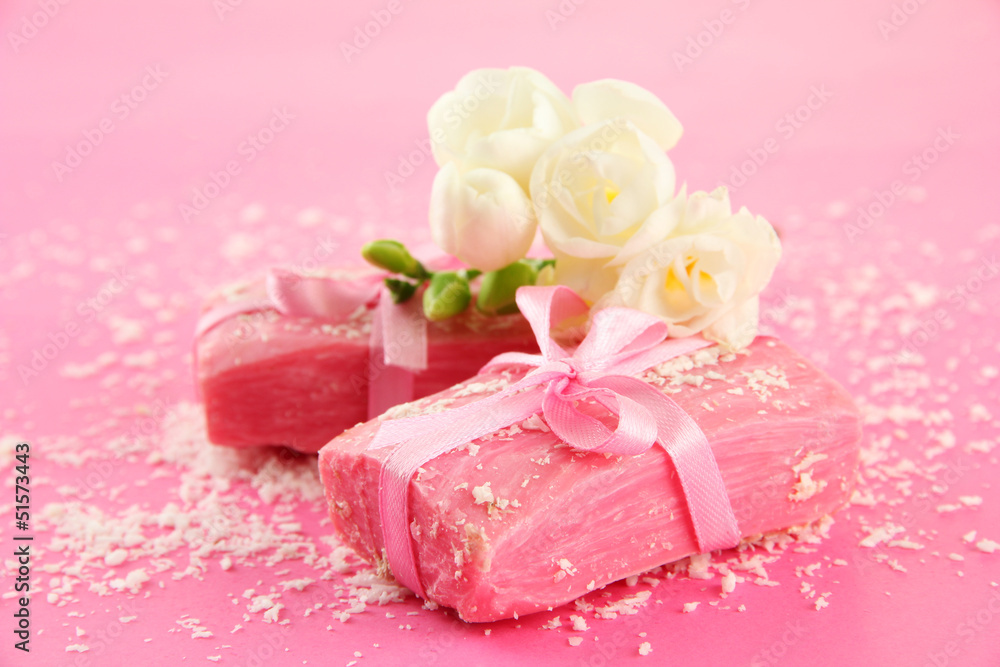 Natural handmade soap, on pink background Natural handmade soap, on pink background