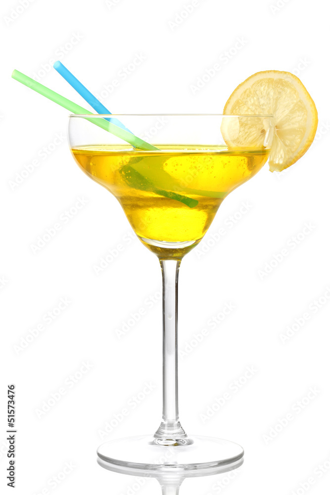 Yellow cocktail in glass isolated on white Yellow cocktail in glass isolated on white