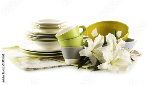Fototapeta Naklejka Na Ścianę i Meble -  Empty bowls, plates and cups isolated on white