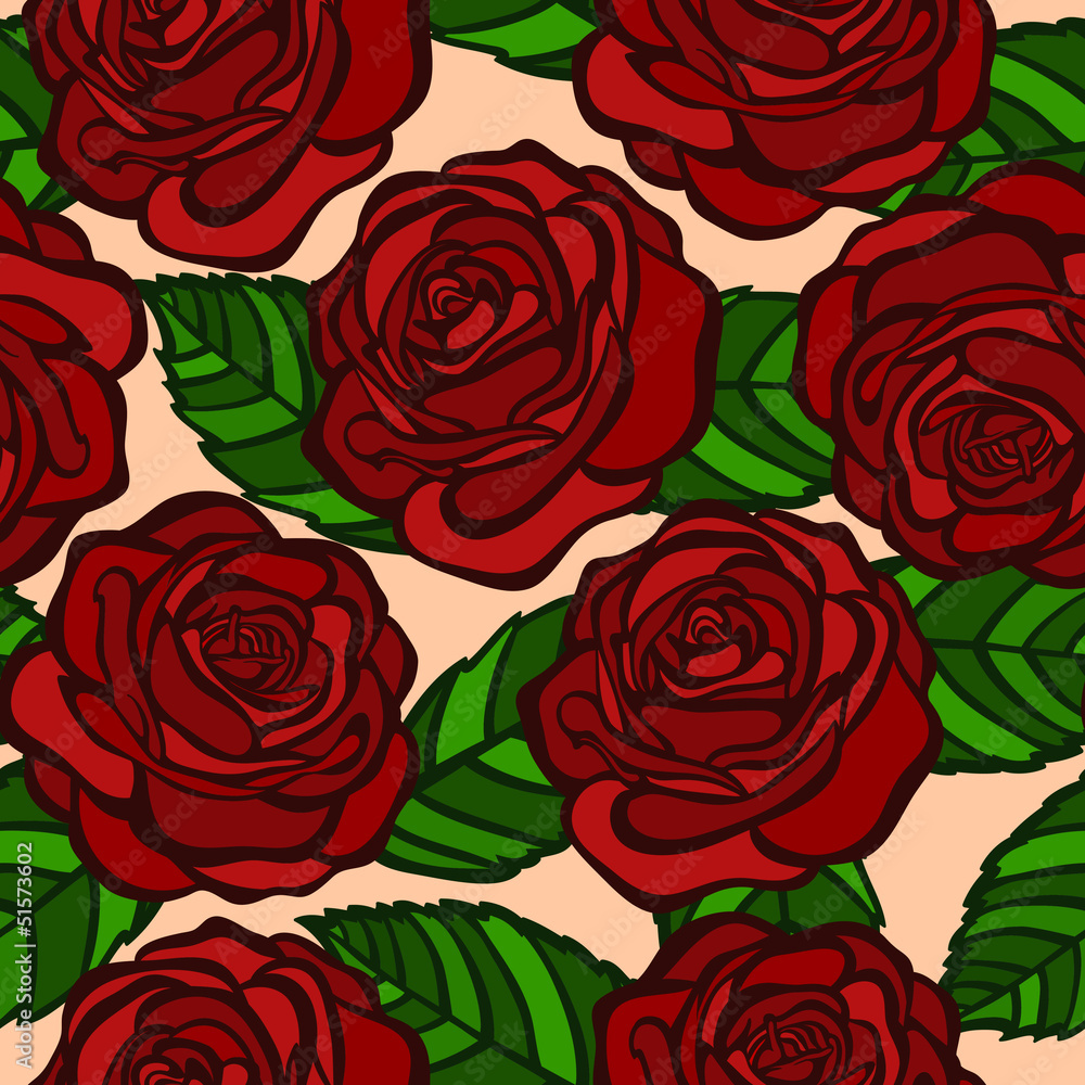 Fototapeta bezszwowe tło. Czerwone róże z zielonymi liśćmi w starym stylu
